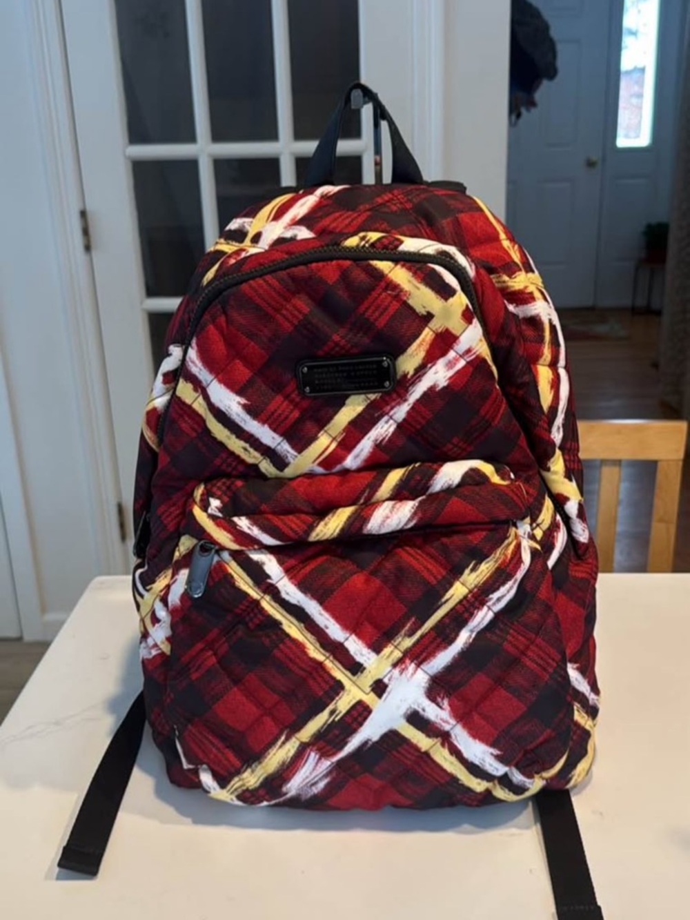 Marc Jacobs Red Plaid Backpack with Yellow & White Brushstrokes